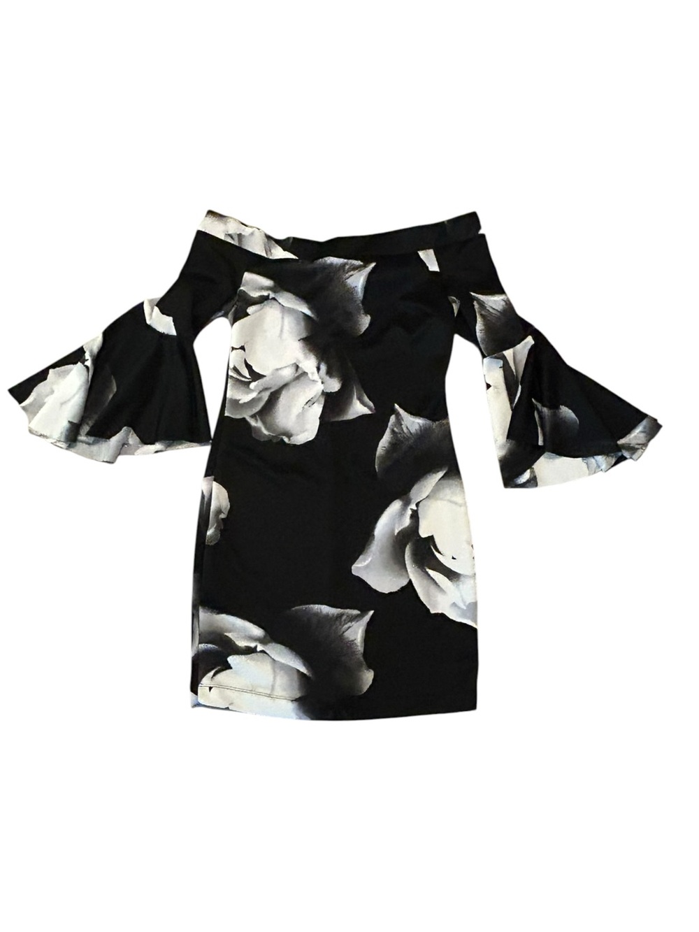 VENUS Off the Shoulder Black & White Floral Bell-Sleeve Dress